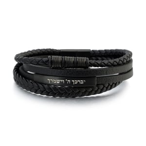 Men's Priestly Blessing Beaded Leather Bracelet with Magnetic Clasp - Black