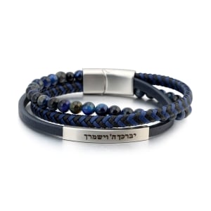 Men's Priestly Blessing 3-Band Beaded Leather Bracelet with Magnetic Clasp - Black and Blue