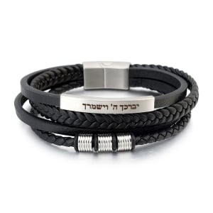 Men's Priestly Blessing Beaded Black Leather Bracelet with Magnetic Clasp - Silver 