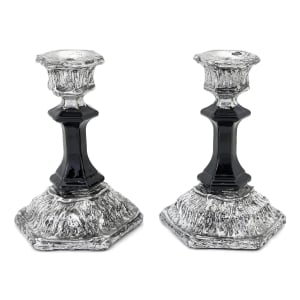 Black Glass and Sterling Silver-Plated Shabbat Candlesticks with Wide Base