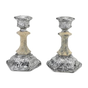 Cream Glass and Sterling Silver-Plated Shabbat Candlesticks with Wide Base