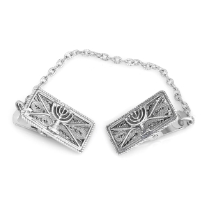 Traditional Yemenite Art Handcrafted Sterling Silver Menorah Tallit Clips With Rope Motif