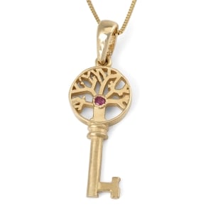 14K Gold Tree of Life Key Necklace With Ruby Stone - Yellow or White Gold