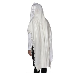 100% Wool Non-Slip Tallit Prayer Shawl Glossy White with Floral Design
