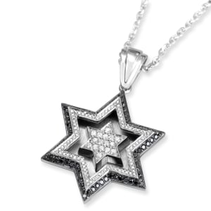 14K White Gold Double Star of David Pendant With 172 Black & White Diamonds