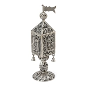 Traditional Yemenite Art Handcrafted Sterling Silver Filigree Rectangular Besamim Spice Box with Bells