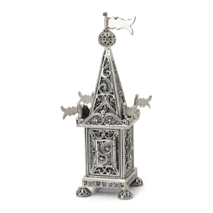 Traditional Yemenite Art Handcrafted Sterling Silver Filigree Tall Tower Besamim Spice Box