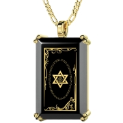 Gold Plated and Onyx Tablet Necklace for Men with Micro-Inscribed Star of David and Shema - Deuteronomy 6:4