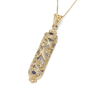 14K Gold Filigree Mezuzah Pendant with Sapphire and Lavender Stones