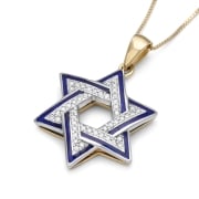 Two-Toned 14K Gold Star of David Pendant Necklace With Blue Enamel and White Diamonds
