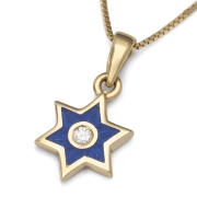 14K Yellow Gold Star of David Pendant Necklace with Blue Enamel and Diamond 