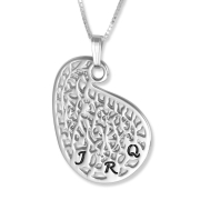 925 Sterling Silver Customizable Paisley Leaf Necklace with Hebrew/English Initials