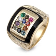 14K Gold & Black Enamel Hoshen (Twelve Tribes of Israel) Ring with Gemstones