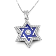 Diamond-Accented Star of David 14K White Gold Pendant Necklace With Blue Enamel