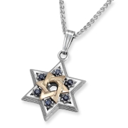 Handcrafted Sterling Silver and 9K Gold Star of David Necklace with Sapphire Stones