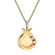 Deluxe 18K Gold Pomegranate Pendant Necklace With Burmese Ruby Stones & White Diamonds (Choice of Color)