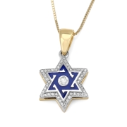Deluxe Diamond-Accented 14K Gold Star of David Necklace With Blue Enamel