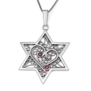 Gem-Studded Handcrafted Star of David Necklace With Filigree Heart Design
