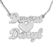 14K White Gold Double Thickness Double Name Necklace in English with Heart