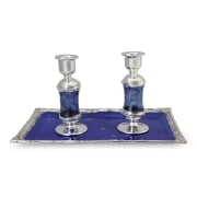 Handmade Dark Blue Glass and Sterling Silver-Plated Shabbat Candlesticks