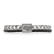 Men's Black Leather Cord and Stainless Steel Chain Blessing Bracelet