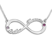 Sterling Silver Together Forever Infinity English / Hebrew Name Necklace - Two Names with Birthstones