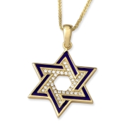 Luxurious 14K Yellow Gold and Blue Enamel Interlocking Star of David Pendant Necklace With Cubic Zirconia Stones
