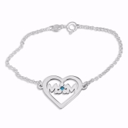 Double Thickness Silver Mom Heart Flower Bracelet with Birthstone