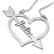 Sterling Silver Heart and Arrow Personalized Name Necklace (Hebrew / English)