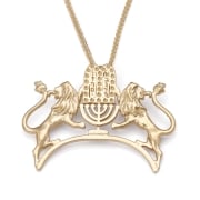 Handcrafted 14K Yellow Gold Lion of Judah Pendant Necklace With Ten Commandments and Menorah