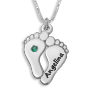 Sterling Silver Baby's Footprints Mom Necklace with Birthstone