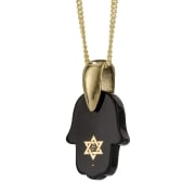 Shema Israel: 14K Yellow Gold and Black Onyx Nano-Inscribed Hamsa Pendant Necklace - Deuteronomy 6:4