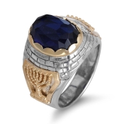 Rafael 14K Gold Menorah and & Silver Kotel Ring with Blue Sapphire Stone