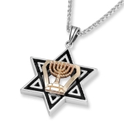 Silver & Gold Star of David and Temple Menorah Men's Necklace
