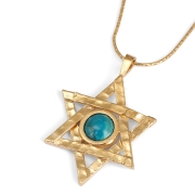 Large Gold-Plated Star of David Necklace With Turquoise Stone
