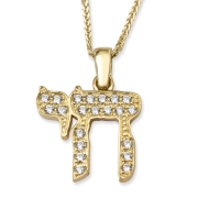 Cubic Zirconia-Accented 14K Yellow Gold Chai Pendant Necklace
