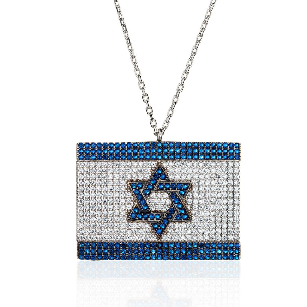 925 Sterling Silver and Cubic Zirconia Israeli Flag Necklace (With Color  Option)