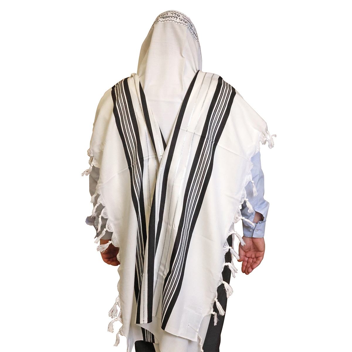 Traditional Pure Wool Tallit. Black with silver stripes