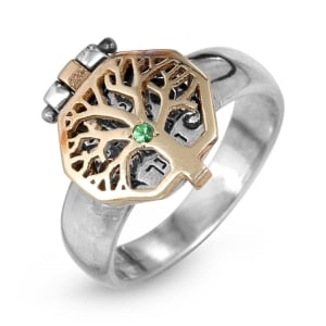  14K Gold & 925 Sterling Silver Tree of Life & Priestly Blessing Kabbalah Ring with Emerald Stone - Numbers 6:24-26 