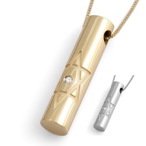 14K Gold Cylindrical Star of David Pendant Necklace With White Diamond (Choice of Colors)