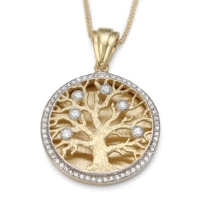 14K Gold Diamond-Studded Round Tree of Life Pendant Necklace - Large