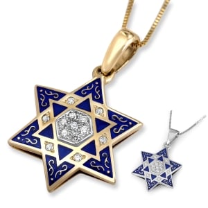 14K Gold Diamond Star of David Pendant Necklace with Blue Enamel