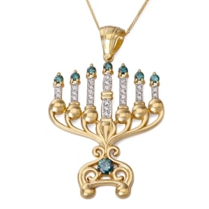 14K Gold Menorah White and Blue Diamond Necklace