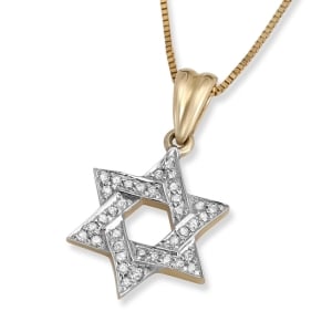 14K Gold Star of David Pendant Necklace with 30 Diamonds (Choice of Color)