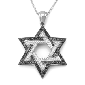14K White Gold Double Star of David Pendant Lined with Black and White Diamonds
