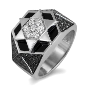 14K White Gold Star of David Black & White Diamond Ring with Black Enamel