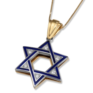 14K Gold & Blue Enamel Star of David Diamond Pendant Necklace