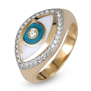 14K Yellow Gold Evil Eye Diamond Halo Ring with Turquoise & White Enamel