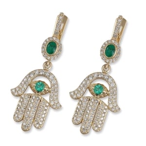 14K Yellow Gold Evil Eye Hamsa Diamond Earrings with Emerald Stones