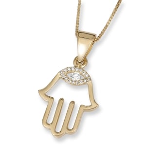 14K Gold Hamsa Pendant Necklace With Diamond-Accented Evil Eye Design (Choice of Color)
